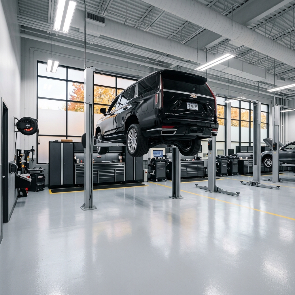 A black Cadillac Escalade elevated on a hydraulic lift inside a modern, clean automotive service station. (Representative image for illustration purposes only. Actual vehicle may vary based on trim and configuration.)
