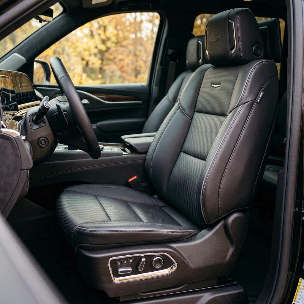 Black leather front driver seat in a luxury vehicle with power controls and steering wheel in view. (Representative image for illustration purposes only. Actual vehicle may vary based on trim and configuration.)