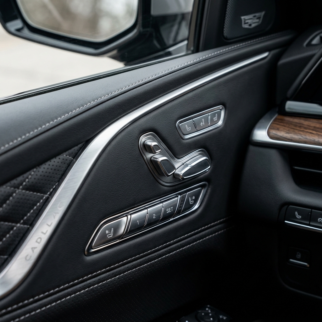 Black leather Cadillac interior door panel with metallic seat adjustment controls, memory seat buttons, and etched branding trim. (Representative image for illustration purposes only. Actual vehicle may vary based on trim and configuration.)