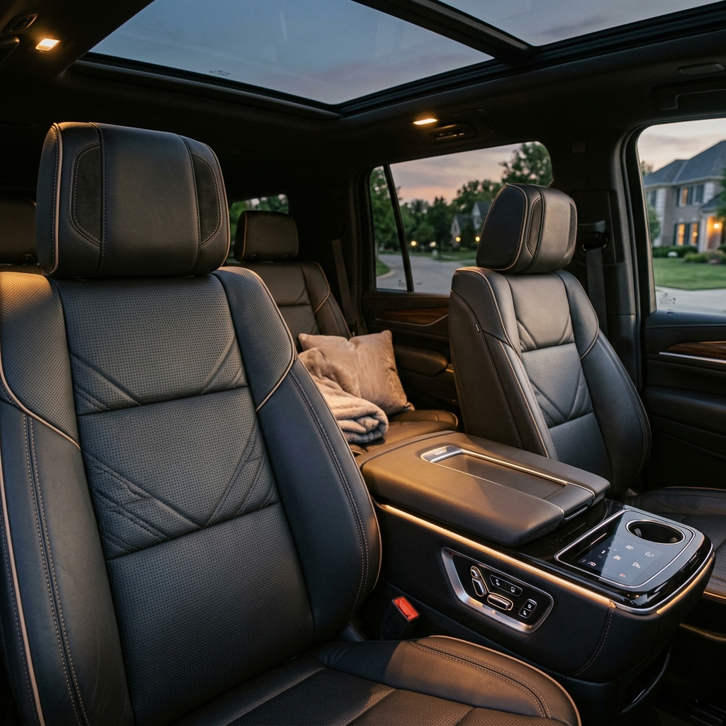 Luxurious black leather vehicle interior featuring detailed stitching, ambient lighting, and a panoramic sunroof. (Representative image for illustration purposes only. Actual vehicle may vary based on trim and configuration.)