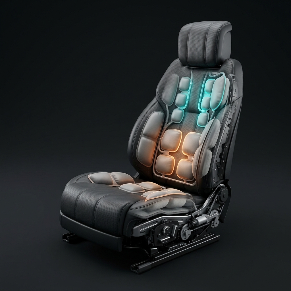 3D cutaway visualization of a black leather car seat highlighting internal lumbar heating and cooling massage bladders. (Representative image for illustration purposes only. Actual vehicle may vary based on trim and configuration.)