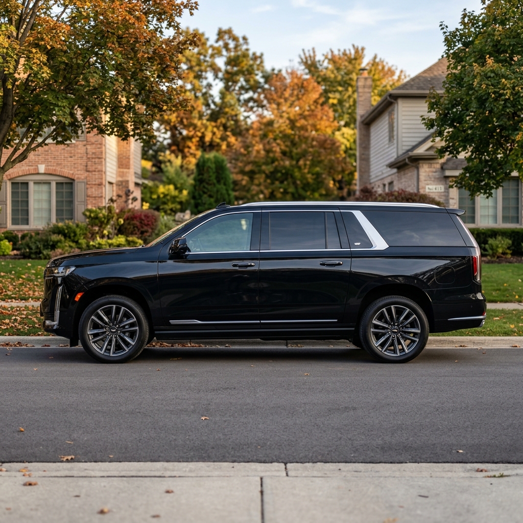 Side profile of a sleek black luxury SUV parked along a suburban street in autumn. (Representative image for illustration purposes only. Actual vehicle may vary based on trim and configuration.)