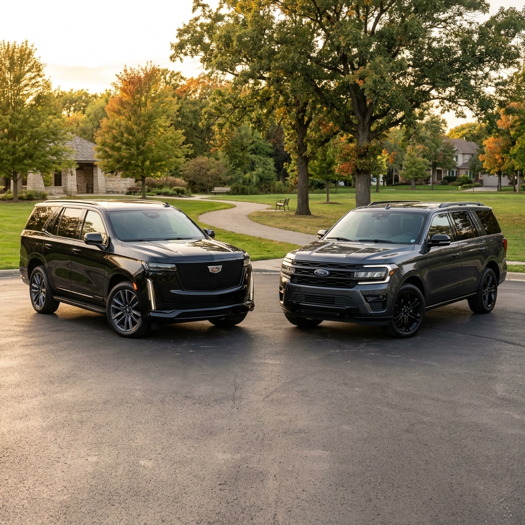 A black Cadillac Escalade and a dark gray Ford Expedition parked side by side outdoors on an asphalt driveway. (Representative image for illustration purposes only. Actual vehicle may vary based on trim and configuration.)