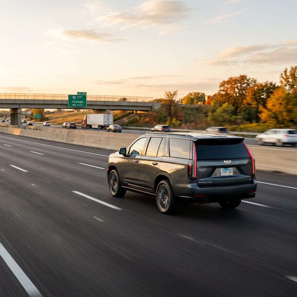 A dark grey Cadillac Escalade driving along an open highway toward an overpass at sunset. (Representative image for illustration purposes only. Actual vehicle may vary based on trim and configuration.)