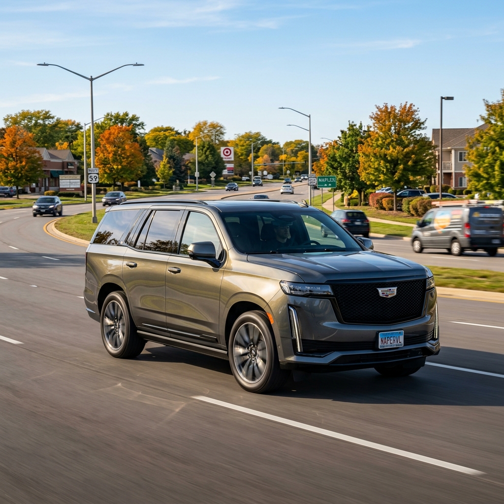 A metallic grey Cadillac Escalade SUV driving on a suburban road lined with autumn trees. (Representative image for illustration purposes only. Actual vehicle may vary based on trim and configuration.)