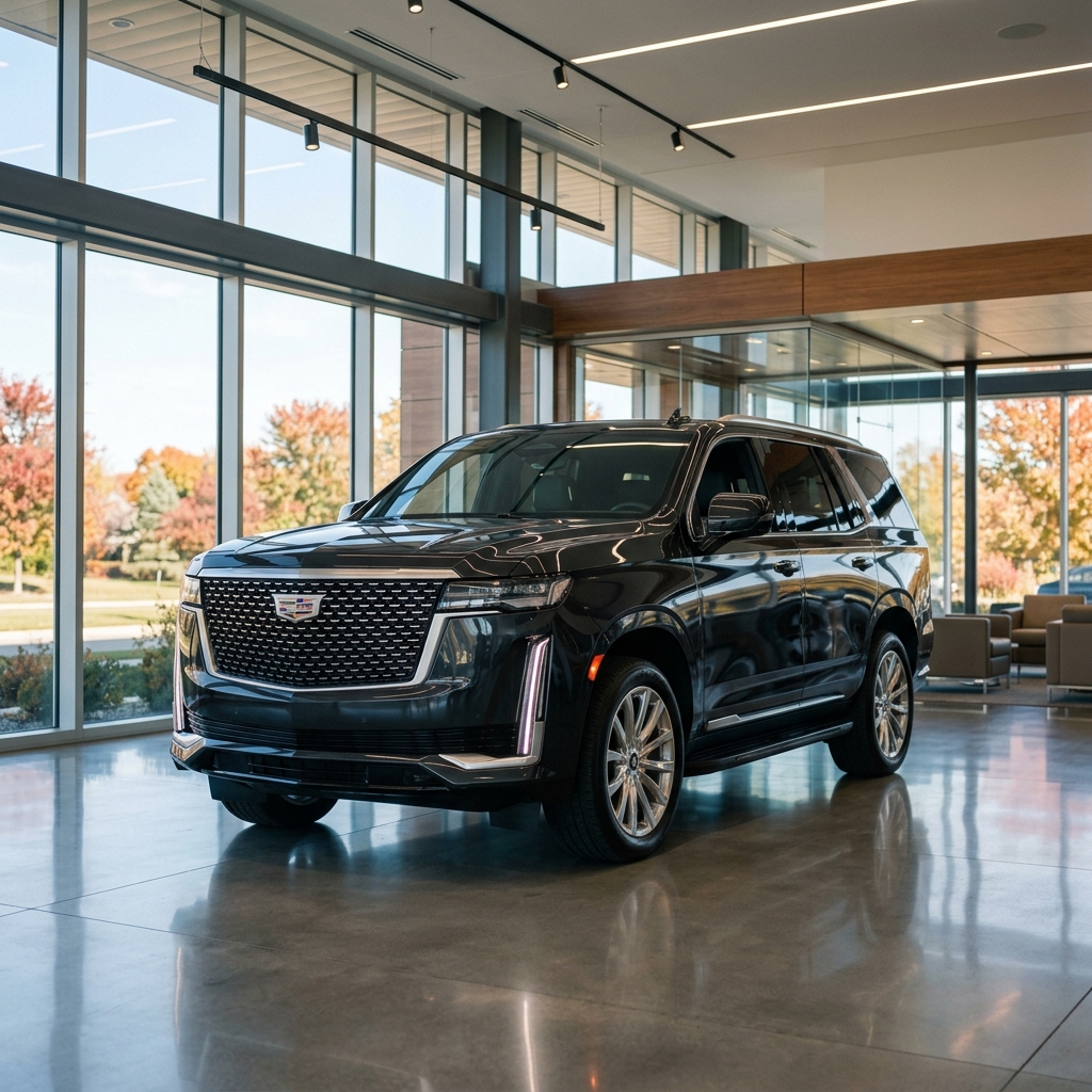 Black Cadillac Escalade parked on a polished floor inside a modern auto dealership showroom with large glass windows. (Representative image for illustration purposes only. Actual vehicle may vary based on trim and configuration.)