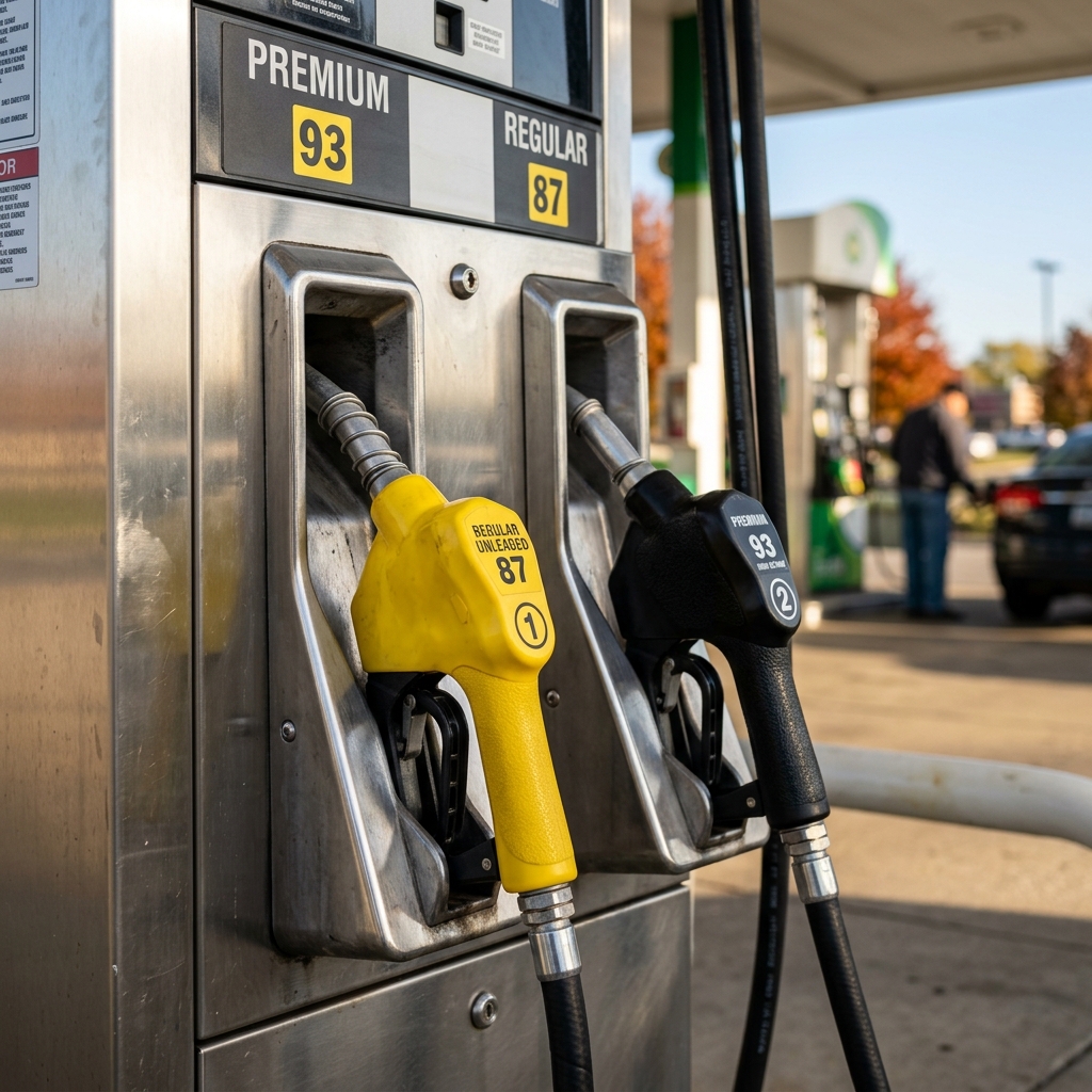Close-up of yellow and black fuel nozzles at a gas pump displaying 87 regular and 93 premium octane ratings. (Representative image for illustration purposes only. Actual vehicle may vary based on trim and configuration.)
