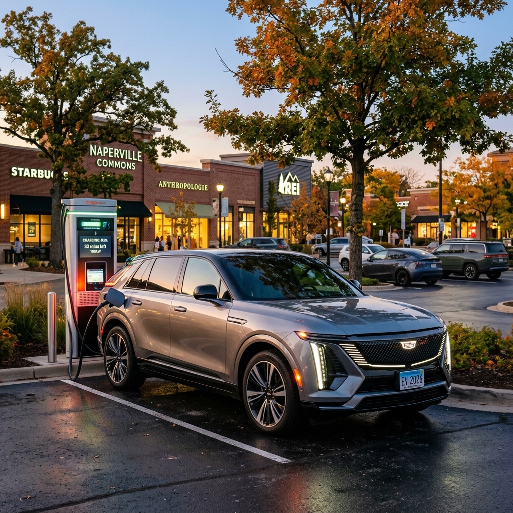 Silver Cadillac Lyriq electric SUV charging at an outdoor charging station in front of retail stores at dusk. (Representative image for illustration purposes only. Actual vehicle may vary based on trim and configuration.)