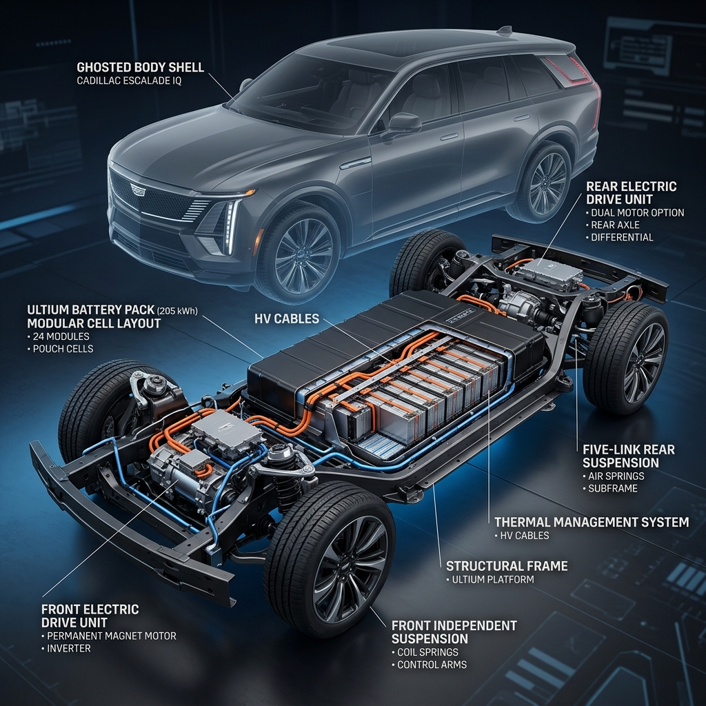 Cutaway diagram of the Cadillac Escalade IQ electric vehicle showing the Ultium platform, battery pack, and drive units. (Representative image for illustration purposes only. Actual vehicle may vary based on trim and configuration.)