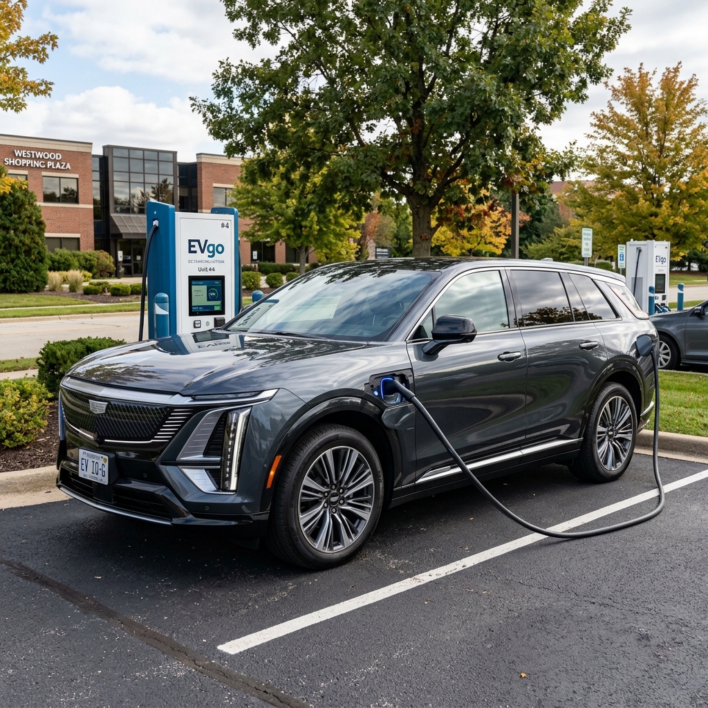 A dark gray Cadillac Lyriq electric SUV parked and plugged into an EVgo charging station outdoors. (Representative image for illustration purposes only. Actual vehicle may vary based on trim and configuration.)