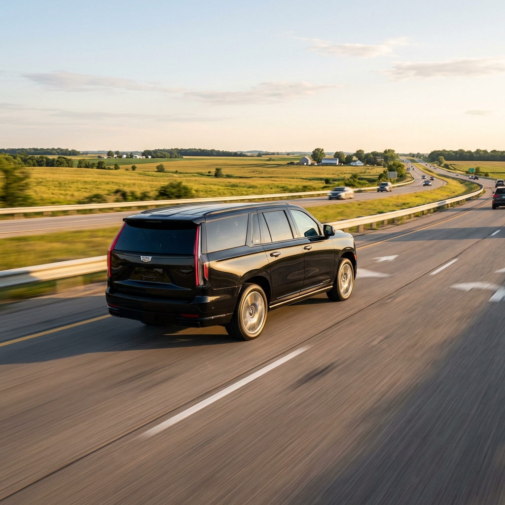 Black Cadillac Escalade driving along an open highway beside rural farmland at golden hour. (Representative image for illustration purposes only. Actual vehicle may vary based on trim and configuration.)