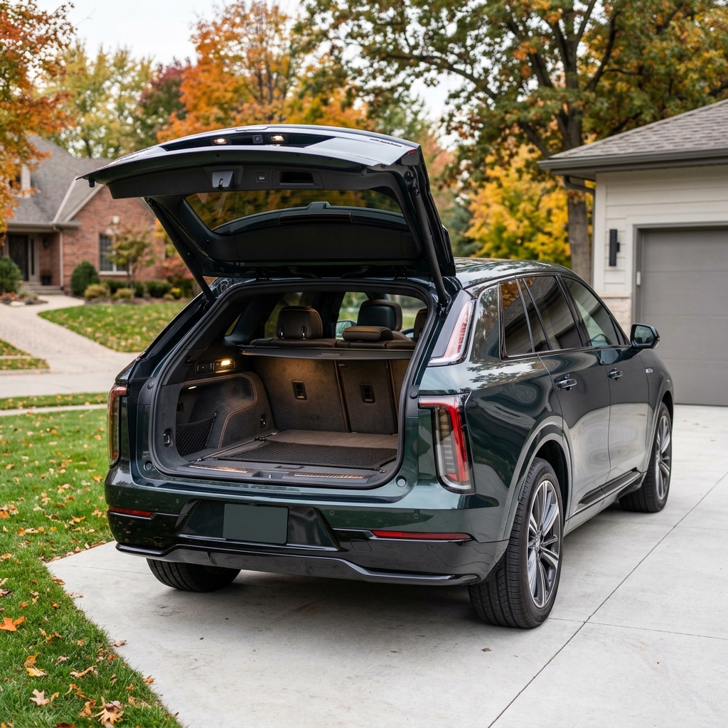 Dark green SUV parked in a driveway with its open tailgate showing a spacious cargo trunk during autumn. (Representative image for illustration purposes only. Actual vehicle may vary based on trim and configuration.)