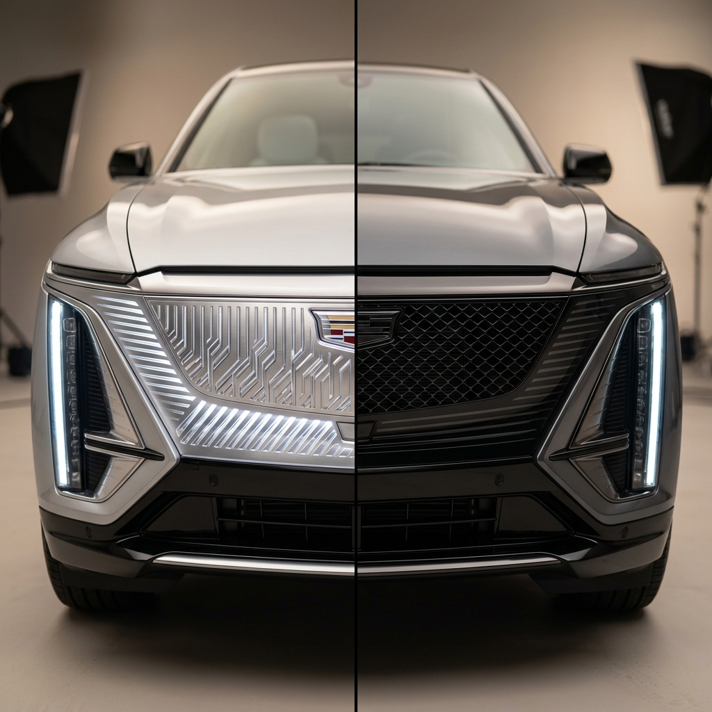 Split-screen front view of a Cadillac Lyriq comparing light and dark front grille trim options. (Representative image for illustration purposes only. Actual vehicle may vary based on trim and configuration.)