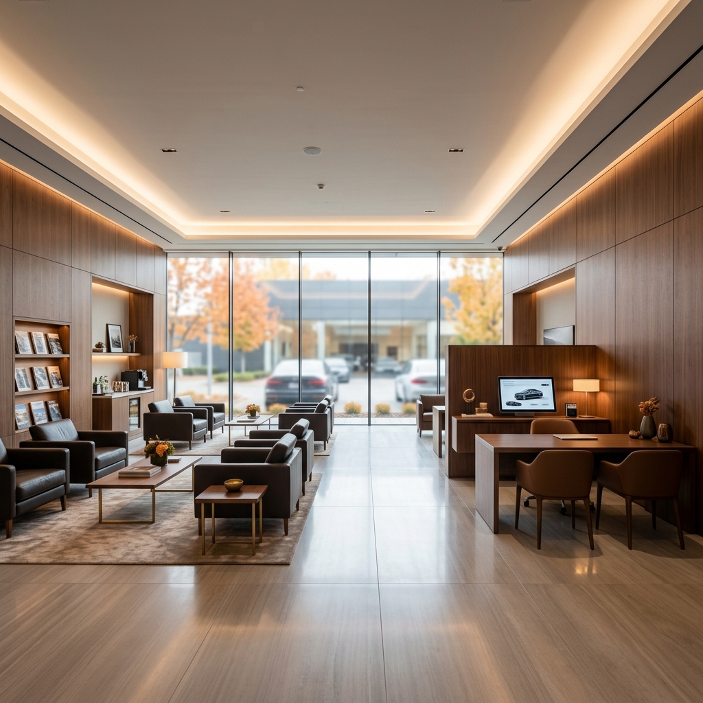 Modern luxury car dealership lounge with wood paneled walls, leather seating area, and consultation desk. (Representative image for illustration purposes only. Actual vehicle may vary based on trim and configuration.)