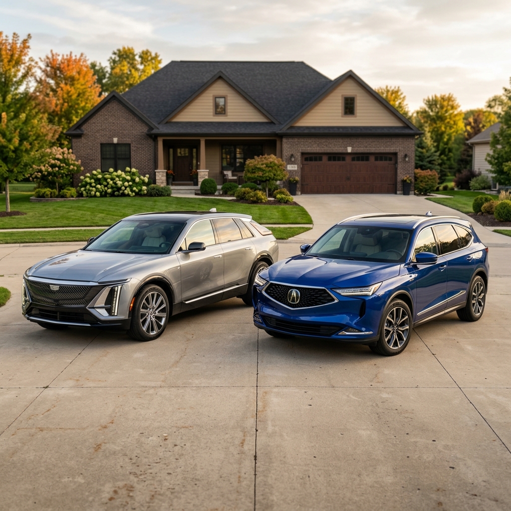 Silver Cadillac Lyriq EV and blue Acura MDX SUV parked on a suburban driveway in front of a house. (Representative image for illustration purposes only. Actual vehicle may vary based on trim and configuration.)