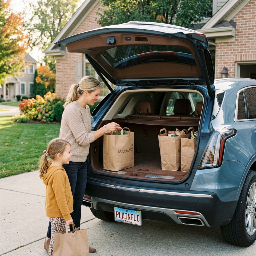 A woman and young girl unloading brown paper grocery bags from the trunk of a blue SUV in a driveway. (Representative image for illustration purposes only. Actual vehicle may vary based on trim and configuration.)