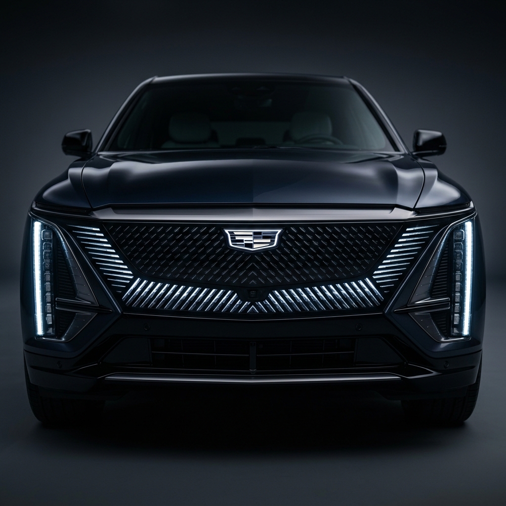 Front view of a dark Cadillac electric SUV showing its illuminated crest logo, patterned grille, and vertical LED lights. (Representative image for illustration purposes only. Actual vehicle may vary based on trim and configuration.)