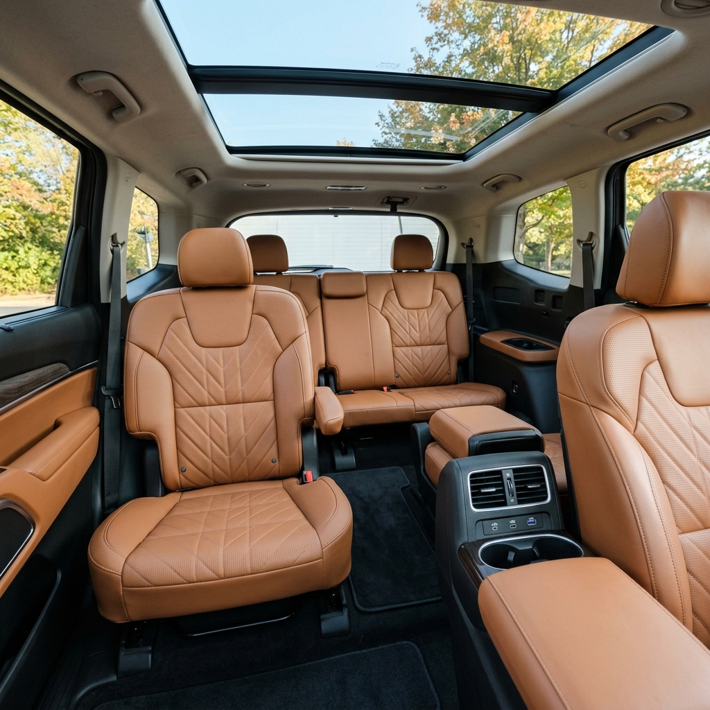 Interior view of an SUV featuring tan quilted leather captain seats, third-row seating, and a large panoramic sunroof. (Representative image for illustration purposes only. Actual vehicle may vary based on trim and configuration.)