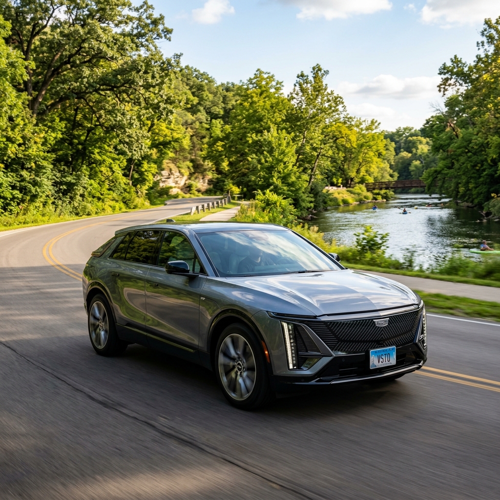 Silver Cadillac Lyriq electric SUV driving on a winding forest road alongside a scenic river. (Representative image for illustration purposes only. Actual vehicle may vary based on trim and configuration.)