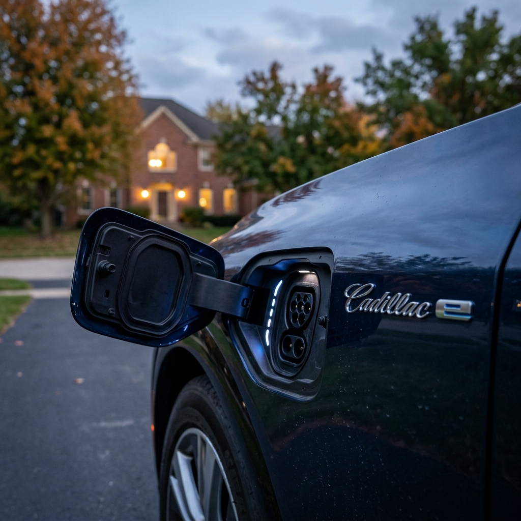 Open charging port with illuminated LED status lights on a blue Cadillac electric vehicle parked at dusk. (Representative image for illustration purposes only. Actual vehicle may vary based on trim and configuration.)
