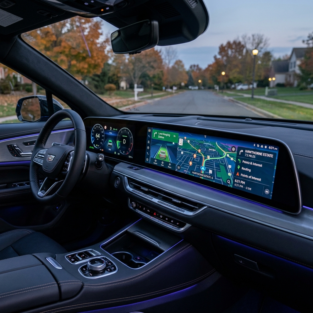 Driver perspective inside a modern luxury car showing a wide digital navigation screen and ambient lighting at dusk. (Representative image for illustration purposes only. Actual vehicle may vary based on trim and configuration.)