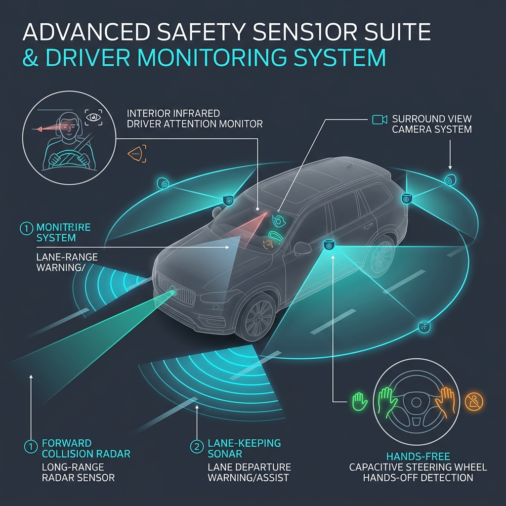 Infographic illustrating a vehicle's advanced safety sensors, radar, surround cameras, and driver monitoring system. (Representative image for illustration purposes only. Actual vehicle may vary based on trim and configuration.)
