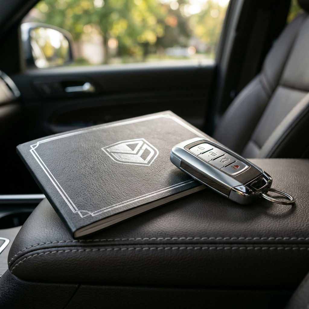 A silver car key fob rests on a black leather owner's manual on a car center console armrest. (Representative image for illustration purposes only. Actual vehicle may vary based on trim and configuration.)