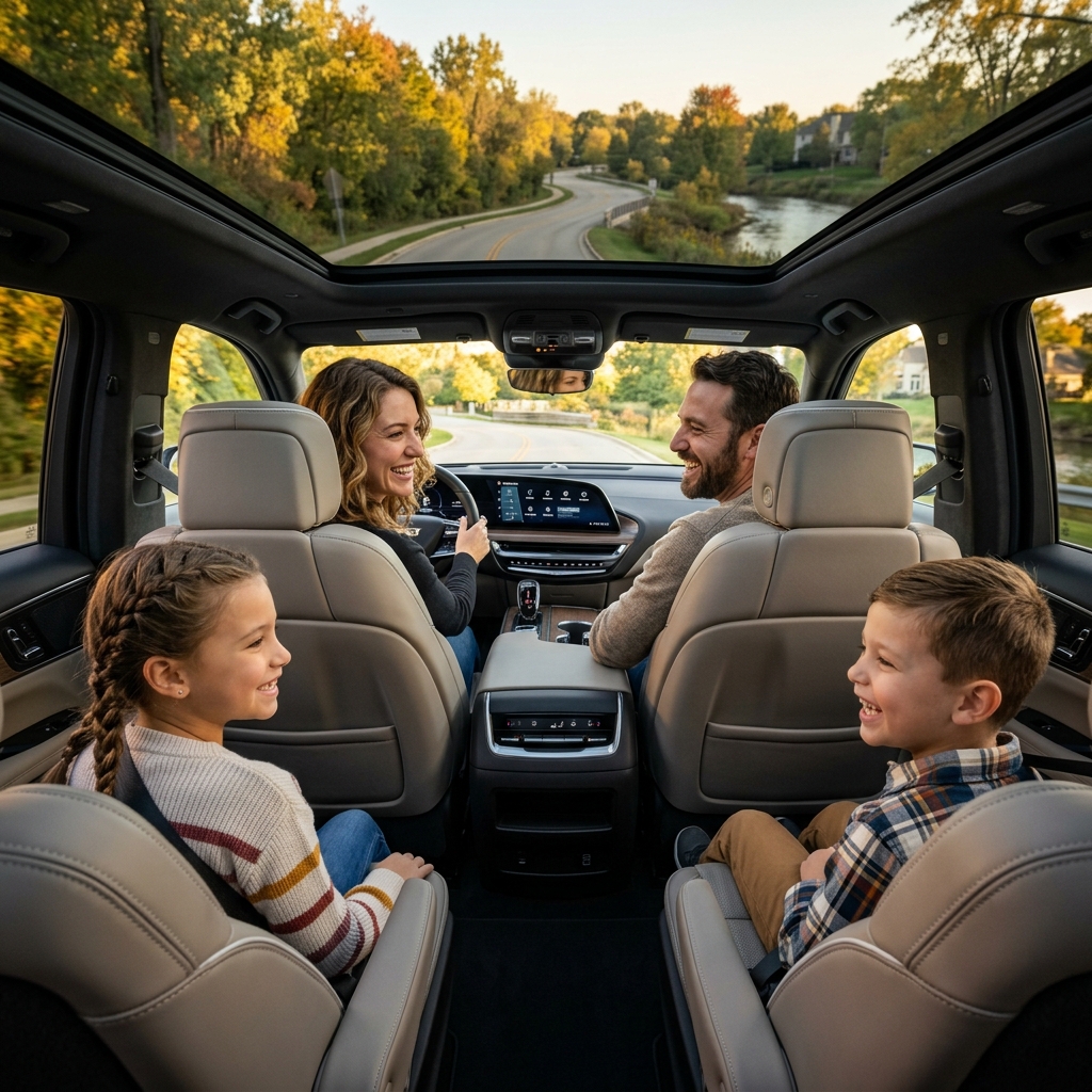 Family of four smiling inside a modern SUV while driving along a scenic winding road. (Representative image for illustration purposes only. Actual vehicle may vary based on trim and configuration.)