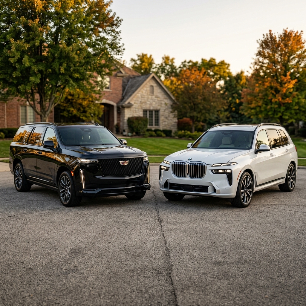A black Cadillac Escalade and a white BMW X7 parked side by side on a paved street in front of a suburban house. (Representative image for illustration purposes only. Actual vehicle may vary based on trim and configuration.)