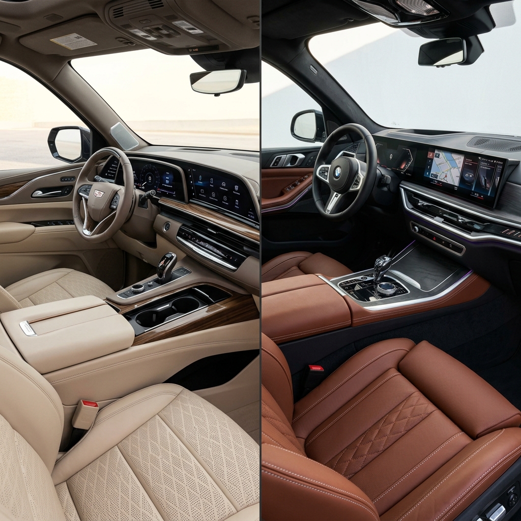 Side-by-side comparison of a beige Cadillac SUV interior and a brown BMW SUV interior with curved digital screens. (Representative image for illustration purposes only. Actual vehicle may vary based on trim and configuration.)
