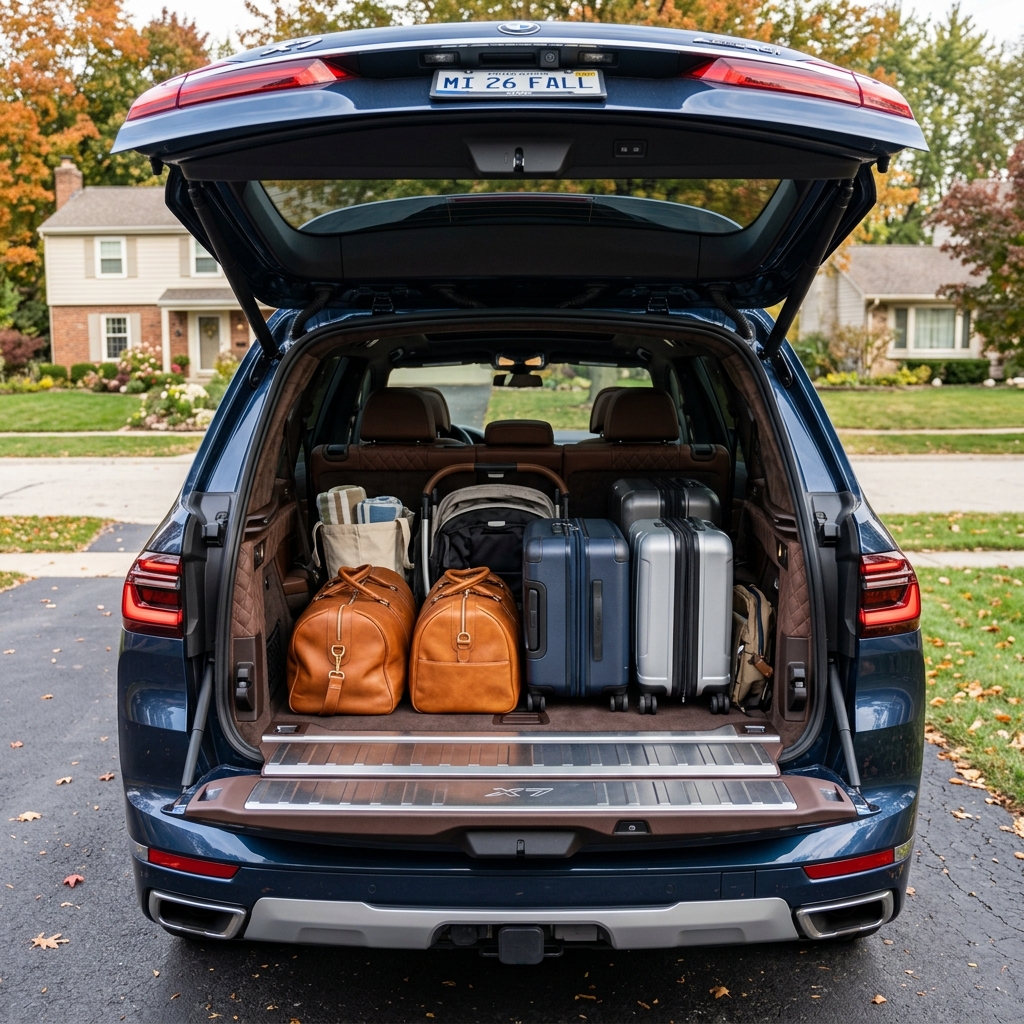Rear view of an open blue SUV trunk packed with leather duffel bags, hardshell suitcases, and a stroller. (Representative image for illustration purposes only. Actual vehicle may vary based on trim and configuration.)