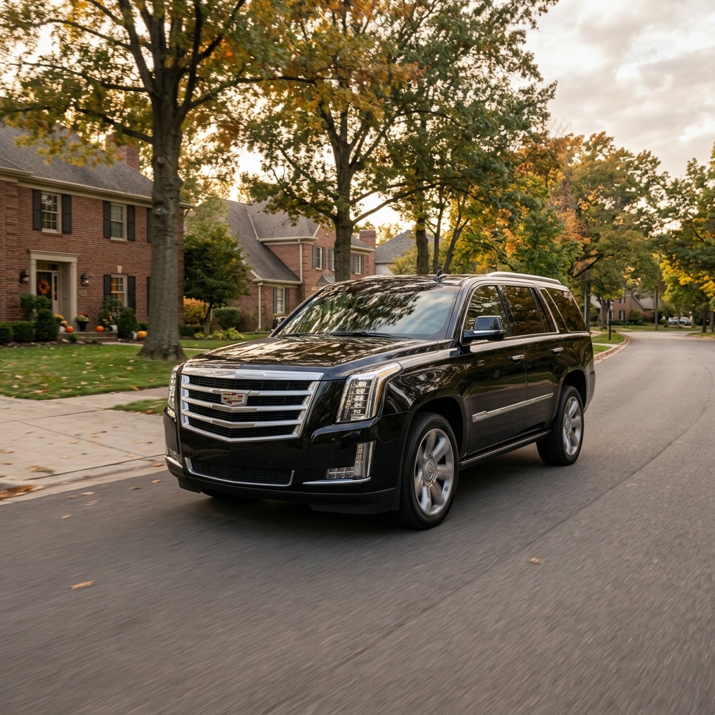 Black Cadillac Escalade driving down a tree-lined suburban street lined with brick houses during autumn. (Representative image for illustration purposes only. Actual vehicle may vary based on trim and configuration.)