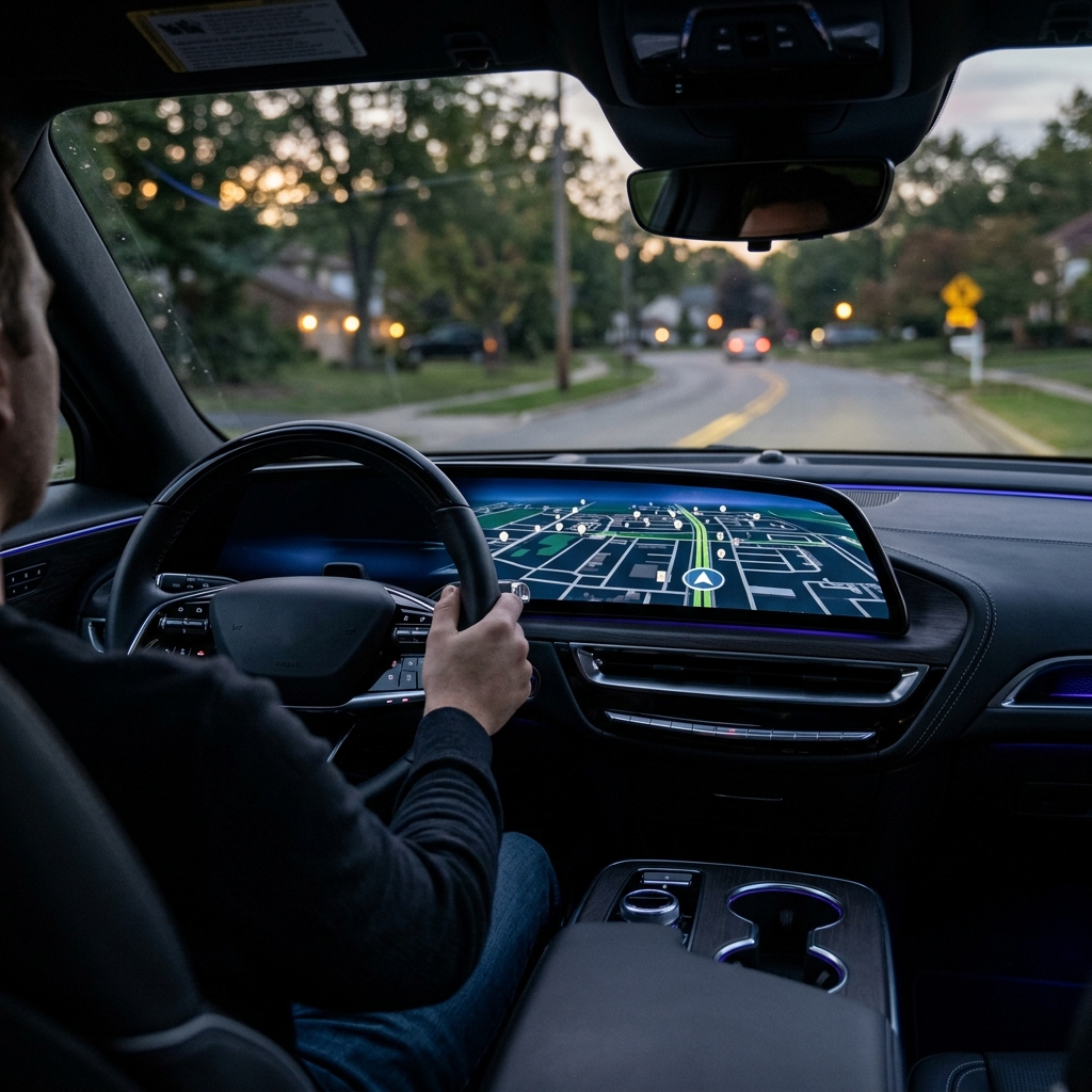 Interior view of a modern car with a large digital navigation screen driving down a residential road at twilight. (Representative image for illustration purposes only. Actual vehicle may vary based on trim and configuration.)