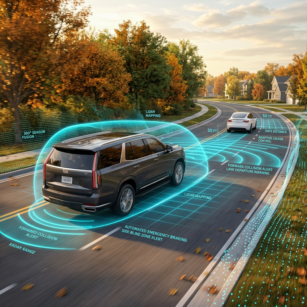 A SUV driving on a road with glowing blue digital overlays showing ADAS features like LiDAR mapping and collision alerts. (Representative image for illustration purposes only. Actual vehicle may vary based on trim and configuration.)