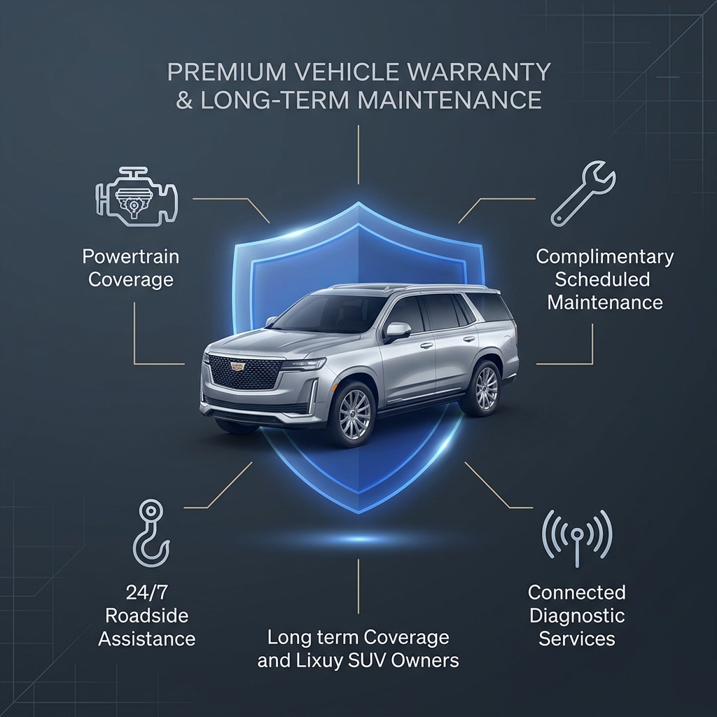 Graphic showing a silver SUV inside a glowing blue shield surrounded by premium vehicle warranty and maintenance benefits. (Representative image for illustration purposes only. Actual vehicle may vary based on trim and configuration.)