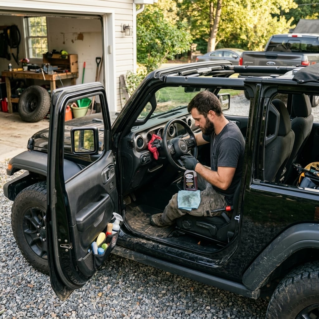Realistic lifestyle photography, man detailing the interior of a jeep wranlgler (Representative image for illustration purposes only. Actual vehicle may vary based on trim and configuration.)
