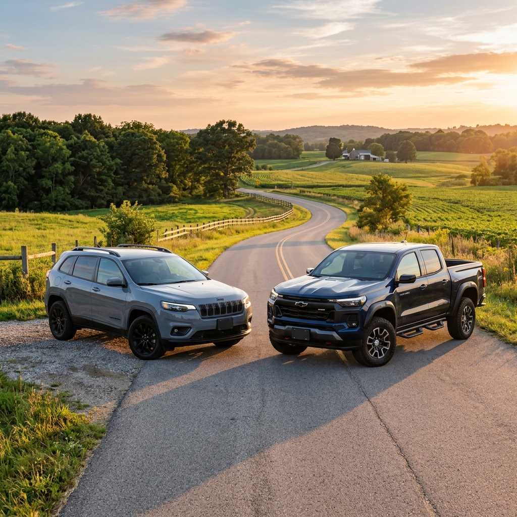 A grey Jeep Cherokee SUV and dark blue Chevrolet pickup truck parked side by side on a rural road at sunset. (Representative image for illustration purposes only. Actual vehicle may vary based on trim and configuration.)