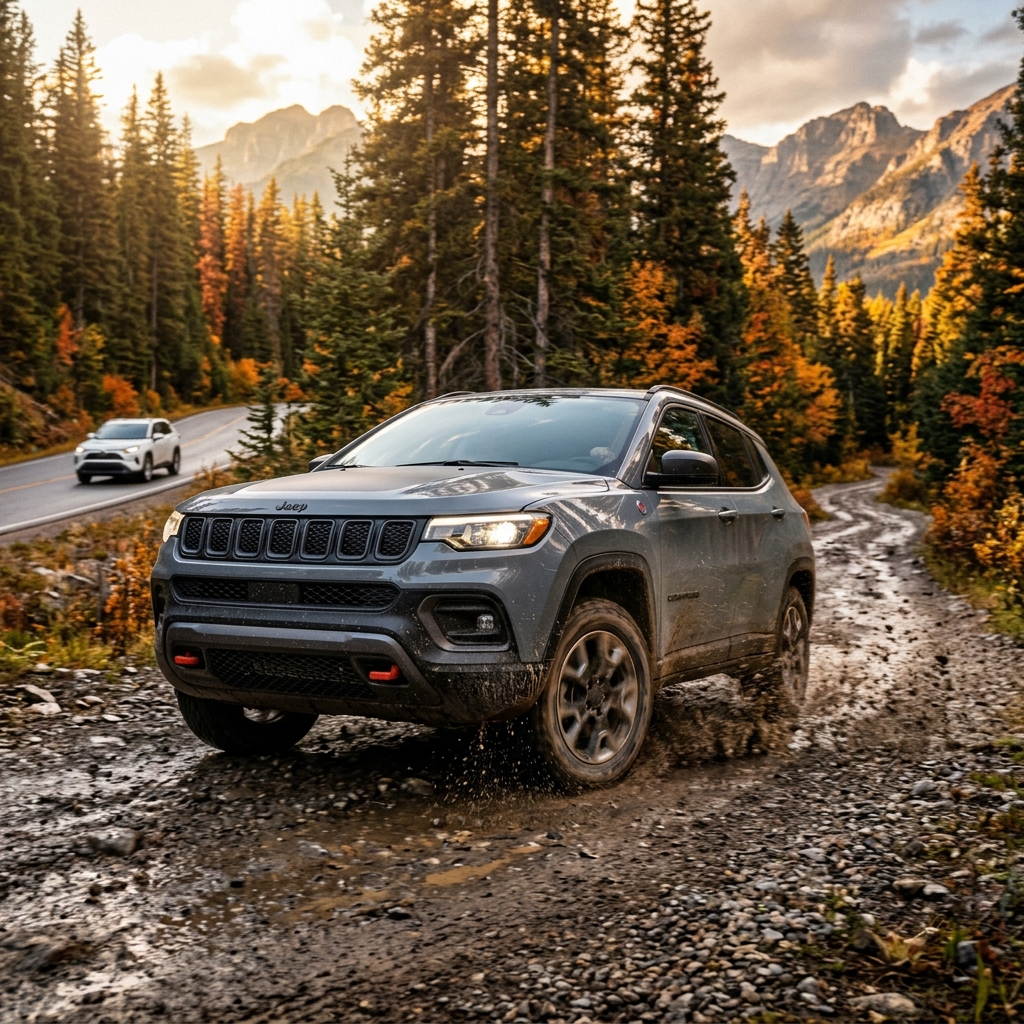 Grey Jeep driving through a muddy mountain trail surrounded by autumn trees. (Representative image for illustration purposes only. Actual vehicle may vary based on trim and configuration.)