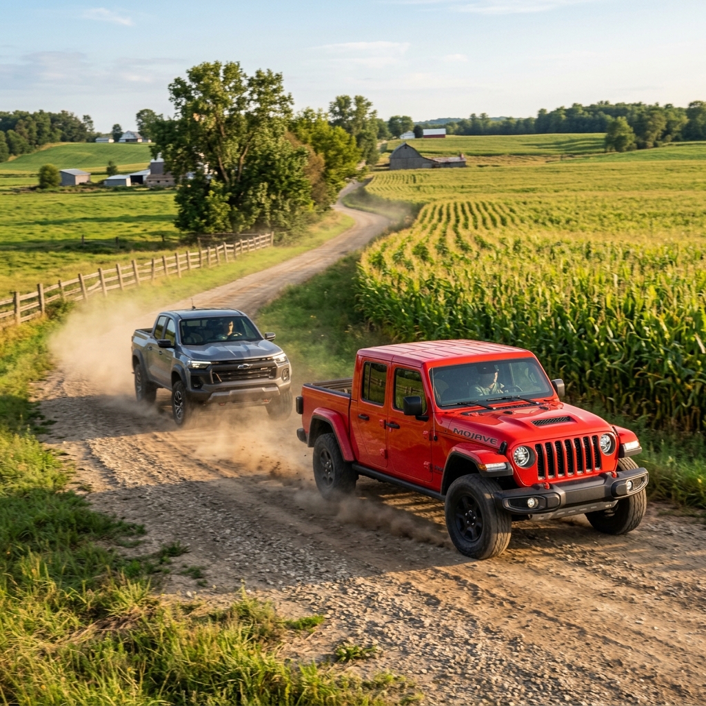 A red Jeep Gladiator Mojave pickup truck and a grey Chevy Colorado driving on a dirt road past a farm cornfield. (Representative image for illustration purposes only. Actual vehicle may vary based on trim and configuration.)