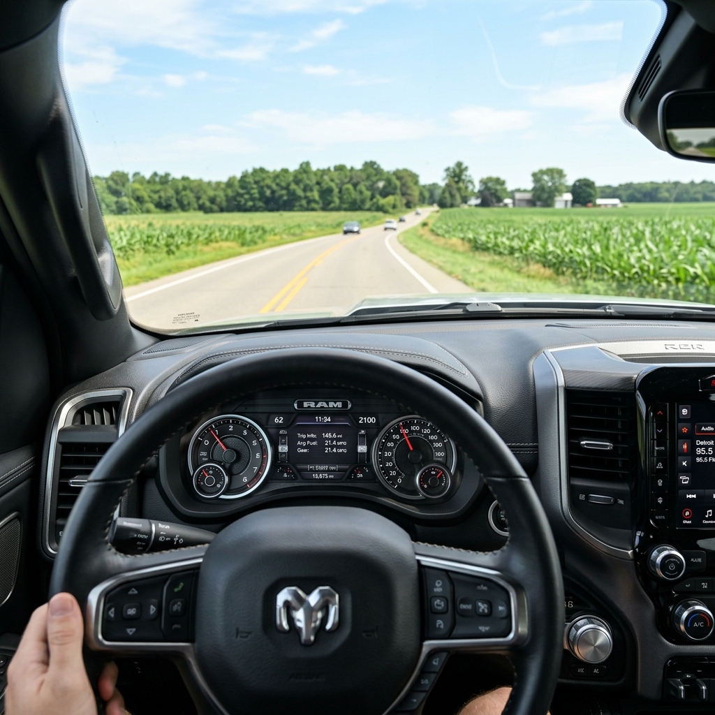 Driver's perspective inside a RAM truck driving down a two-lane rural road past green cornfields. (Representative image for illustration purposes only. Actual vehicle may vary based on trim and configuration.)