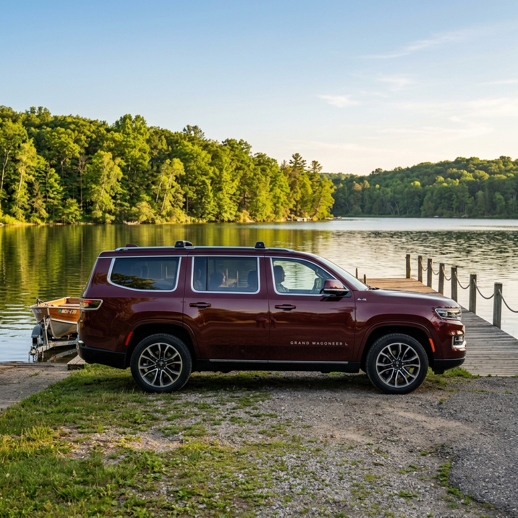 Maroon Jeep Grand Wagoneer L SUV parked beside a lake dock near a small boat trailer. (Representative image for illustration purposes only. Actual vehicle may vary based on trim and configuration.)