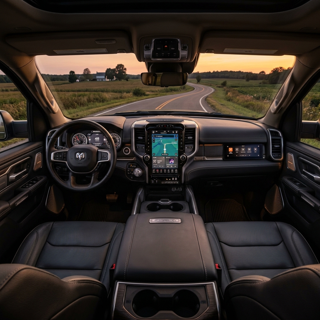 Interior view of a Ram truck featuring a digital dashboard, central touchscreen, and a winding road ahead at sunset. (Representative image for illustration purposes only. Actual vehicle may vary based on trim and configuration.)