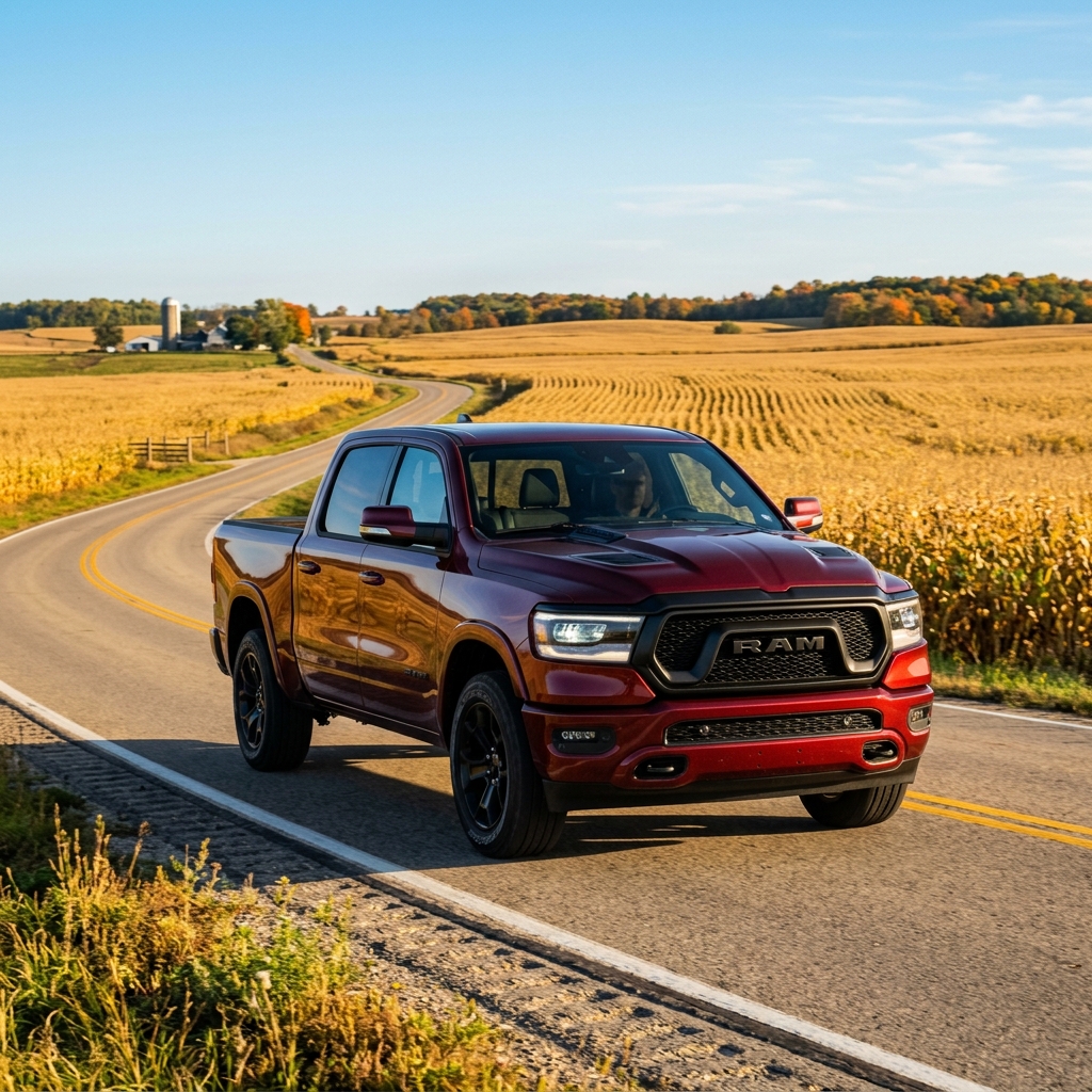 Red RAM pickup truck driving on a curved country road through golden cornfields under a clear sky. (Representative image for illustration purposes only. Actual vehicle may vary based on trim and configuration.)