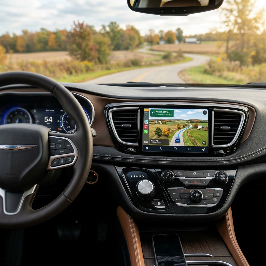 View from the driver's seat of a Chrysler navigating a winding autumn road using touchscreen GPS navigation. (Representative image for illustration purposes only. Actual vehicle may vary based on trim and configuration.)