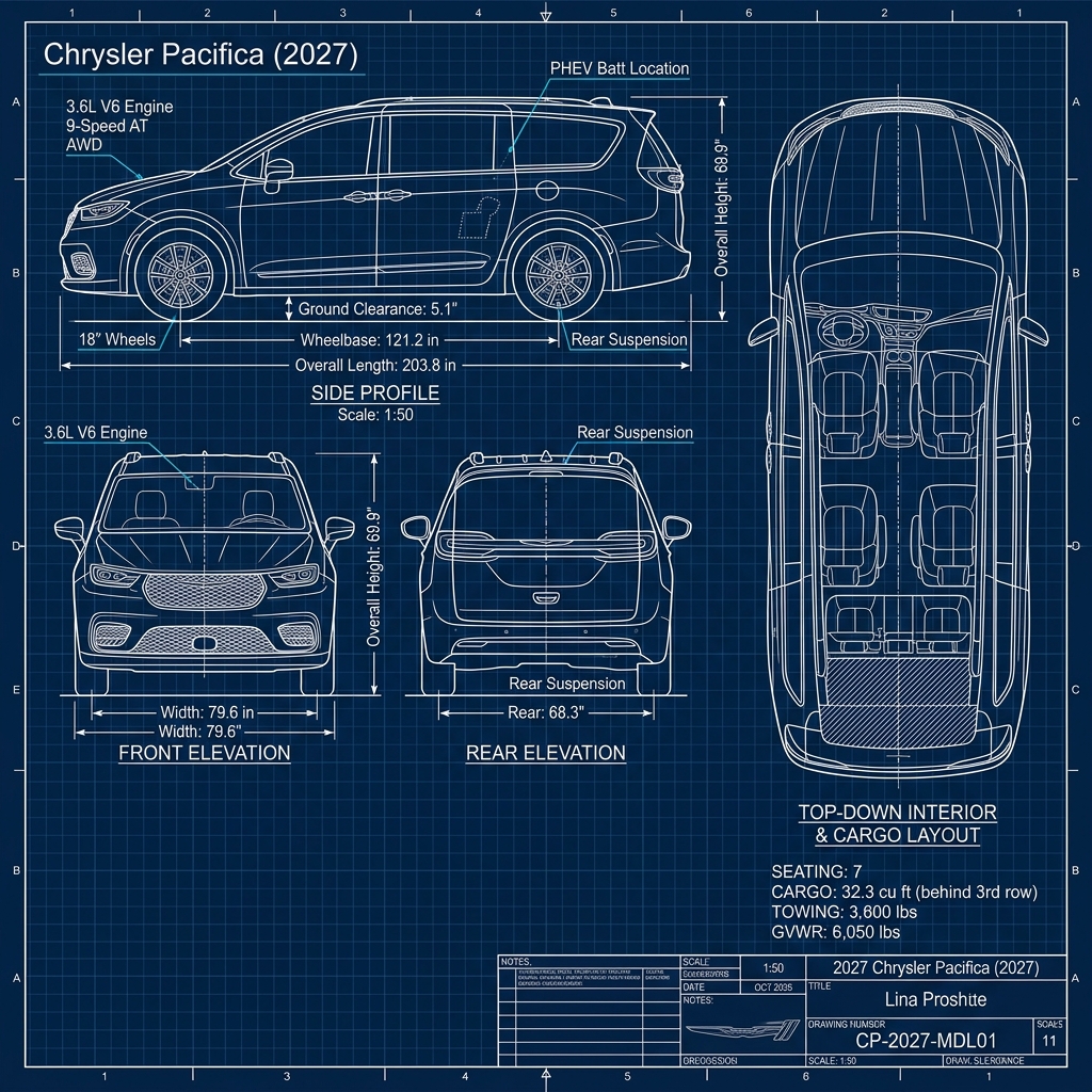 Blue technical blueprint showing side, front, rear, and top-down interior views of a 2027 Chrysler Pacifica. (Representative image for illustration purposes only. Actual vehicle may vary based on trim and configuration.)