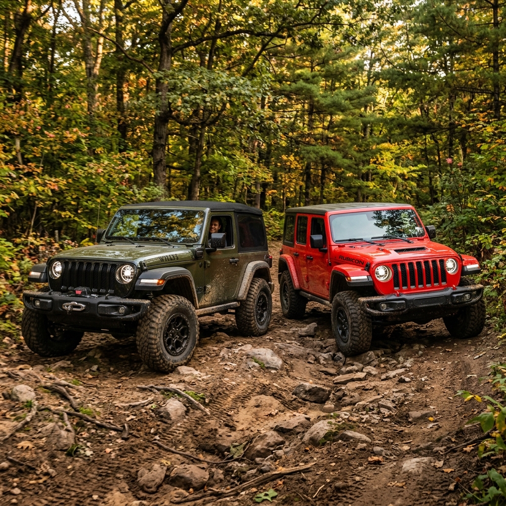 Green Jeep Willys and red Jeep Rubicon driving on a rocky dirt path through a forest. (Representative image for illustration purposes only. Actual vehicle may vary based on trim and configuration.)
