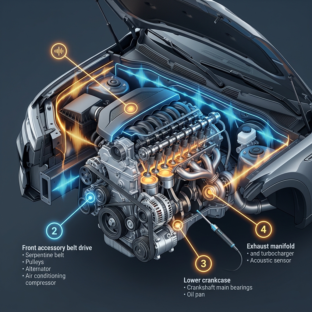 Cutaway diagram of a car engine showing acoustic diagnostic sensors and key component callouts. (Representative image for illustration purposes only. Actual vehicle may vary based on trim and configuration.)