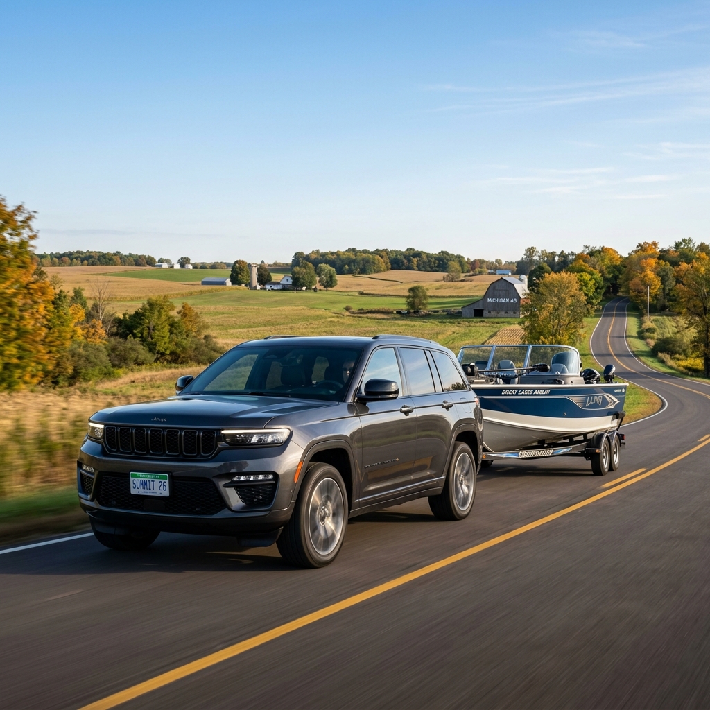Dark grey Jeep SUV towing a Lund fishing boat along a winding rural road. (Representative image for illustration purposes only. Actual vehicle may vary based on trim and configuration.)