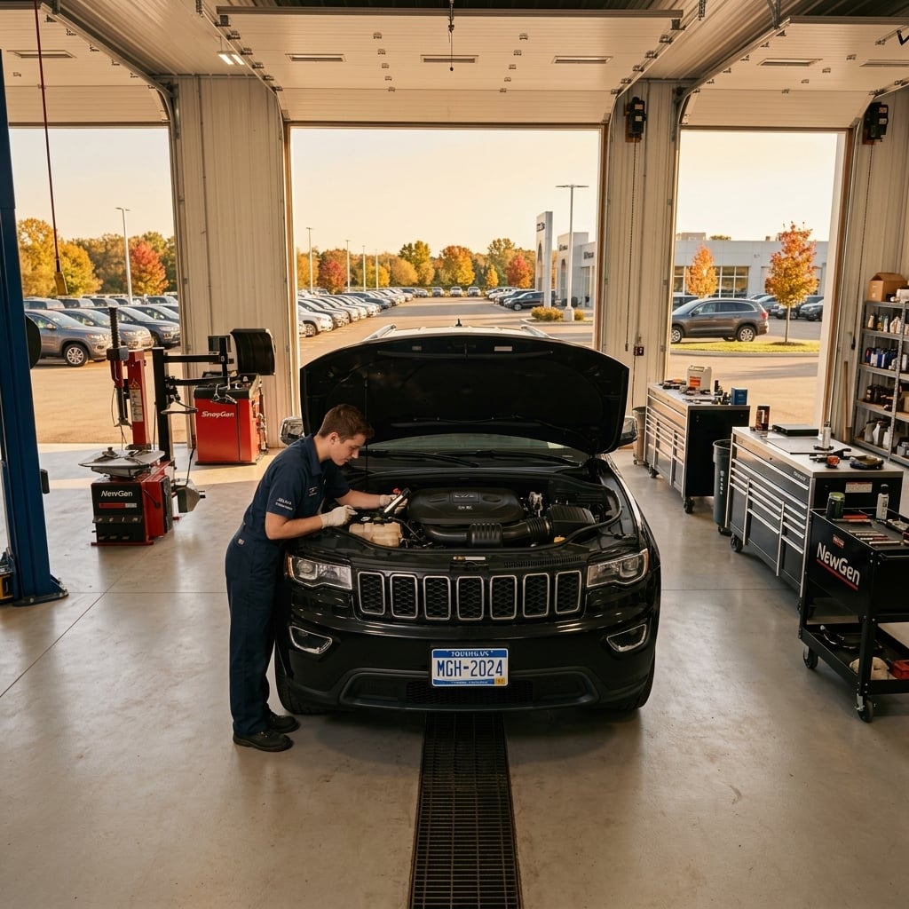 A jeep grand cherokee in a clean shop, with a NewGen technician inspecting it under the hood. Sunny, Farm setting, bay doors open. sun shine (Representative image for illustration purposes only. Actual vehicle may vary based on trim and configuration.)