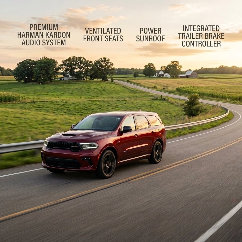Photorealistic eye-level wide shot of a sleek 2026 Dodge Durango GT PLUS AWD in vibrant dark metallic red, navigating a paved two-lane rural road through rolling Michigan farmland, towing a lightweight trailer with outdoor camping gear, warm late summer golden hour light casting soft shadows, backgr